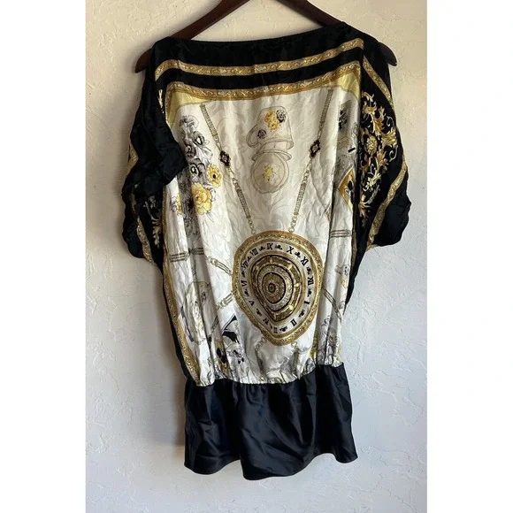 Y2K Cache 100% Silk Blouson Tunic Top M Tea Pot Print Baroque Chain Draped - Picture 5 of 12